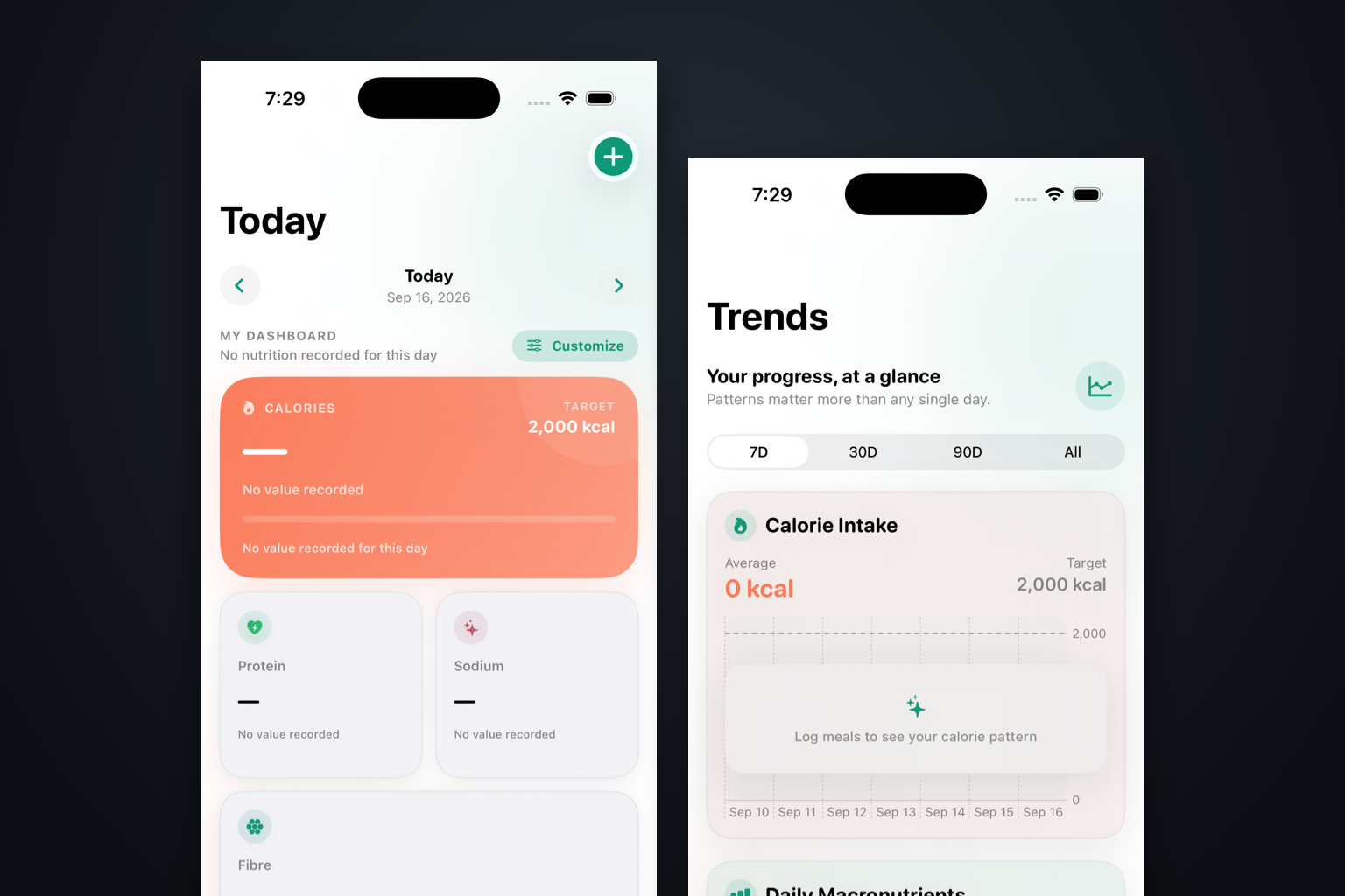 Real Calorify screenshots side by side, the customizable Today dashboard with calories, protein, sodium, and fibre next to the Trends screen