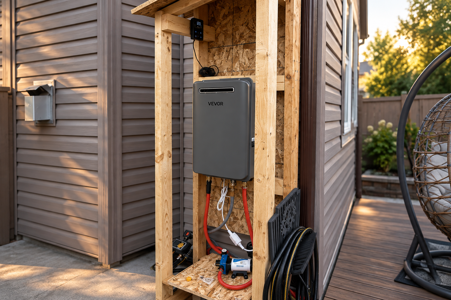 Generated illustration inspired by the real pool heater, with a gray tankless heater on a rough timber stand, red hoses, and a small pump